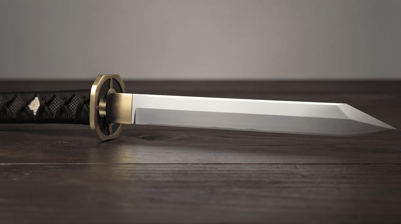 5fa39ebd-54a9-4331-9c28-4b0867c7ae49 - Japanes Knives Tips The image showcases a Japanese style tanto point blade, featuring a robust tip and two straight edges designed for piercing tough materials. Its unique blade shape and secure grip make it an excellent choice for tactical applications and heavy-duty tasks.