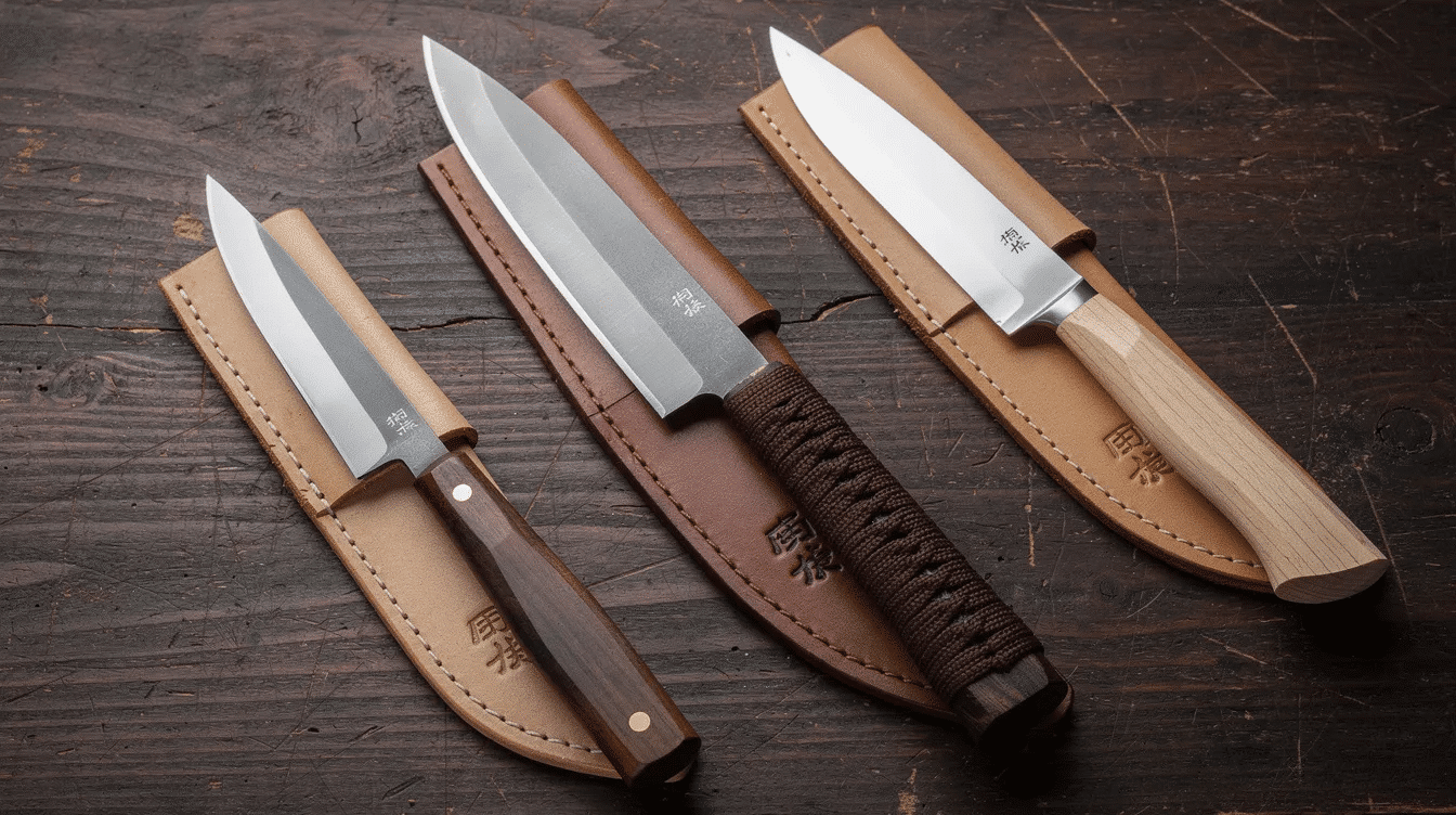 The image showcases a collection of Japanese hunting knives, featuring various designs and shapes, with blades crafted from high-quality carbon steel. Each knife is displayed with its sheath, highlighting their suitability for outdoor activities like camping and fishing, while also emphasizing the intricate details and craftsmanship that define these essential tools.