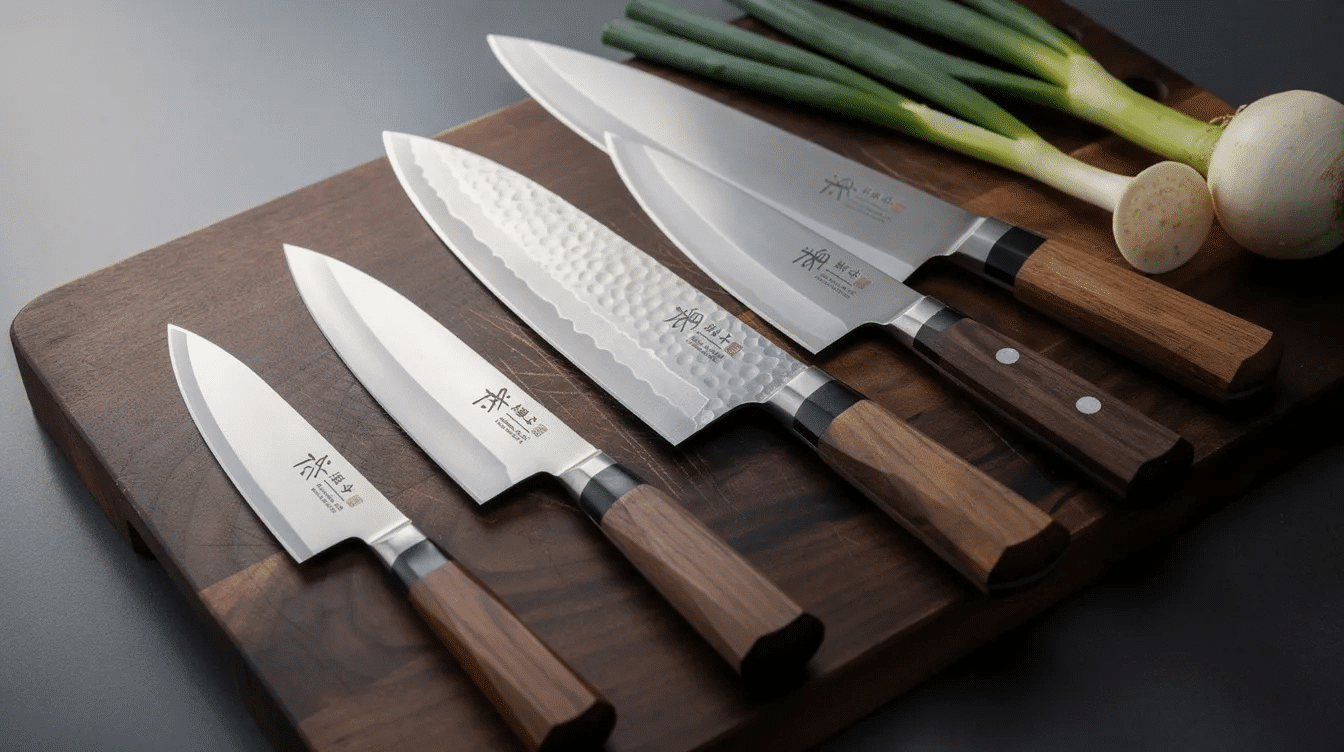 The image showcases a selection of high-quality Japanese knives, including chef's knives and a nakiri knife, displayed in a stylish wooden box. These knives, known for their sharp edges and ergonomic handles, are ideal for home cooks seeking the best performance in their kitchen.