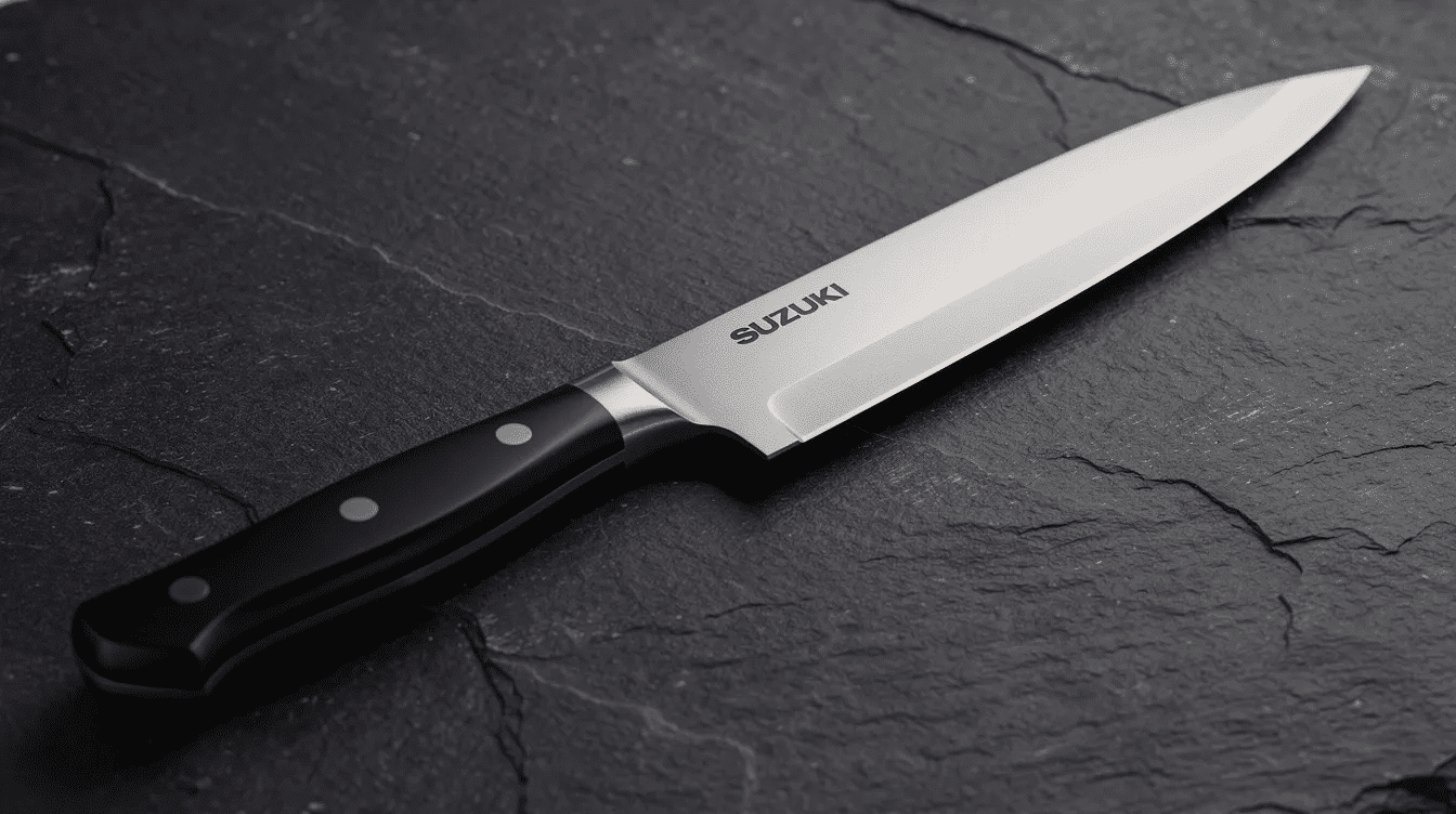 The image features a beautifully crafted Suzuki knife, showcasing Japanese craftsmanship with its sharp, single bevel edge and a pear skin finish on the handle. This kitchen knife, made from high-quality carbon steel, exemplifies the art of knife making and the legacy of the Japan Knife Guild.