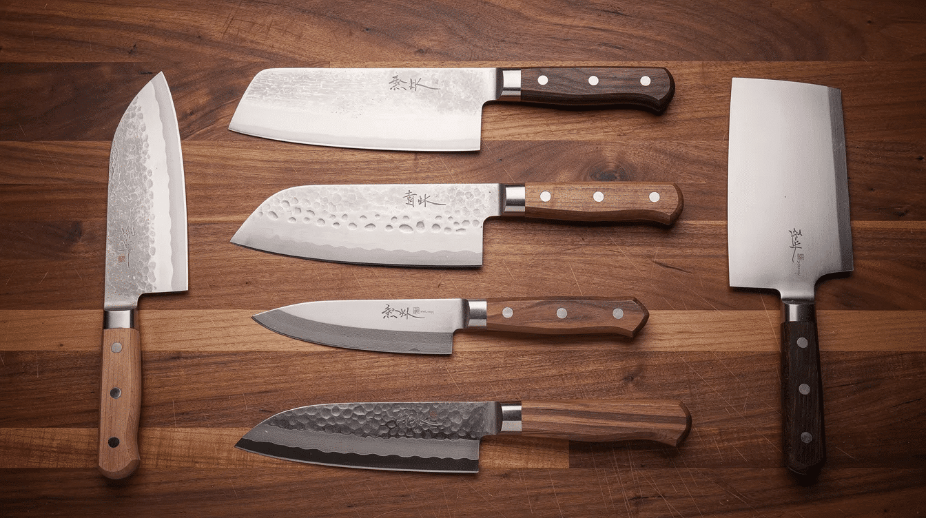 6c5ce1c5-df4b-4dd1-a4ee-633fd606ada6 - Japanes Knives Tips The image features a collection of various Japanese and Western chef's knives, including a santoku knife and a paring knife, elegantly arranged on a wooden surface. These knives, made from high carbon steel and stainless steel, showcase their sharp edges and exceptional durability, appealing to both professional chefs and home cooks.