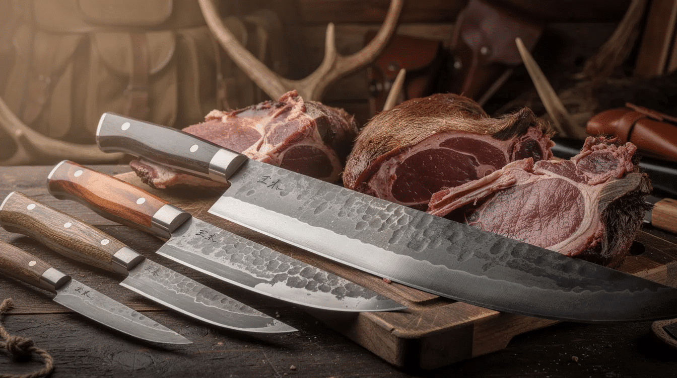 The image showcases a collection of large Japanese hunting knives, specifically ken-nata, designed for big game hunting. These robust outdoor knives, made from high-quality carbon steel, feature thick blades that are ideal for efficiently processing substantial game like deer and elk, while also maintaining sharpness for detailed trimming work.