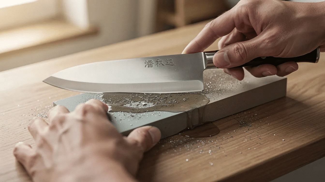 A pair of hands is skillfully sharpening a stainless steel kitchen knife on a traditional Japanese water stone, showcasing the craftsmanship involved in maintaining the blade's edge. The focus is on the knife's wood handle and the smooth, precise motion of the sharpening process.