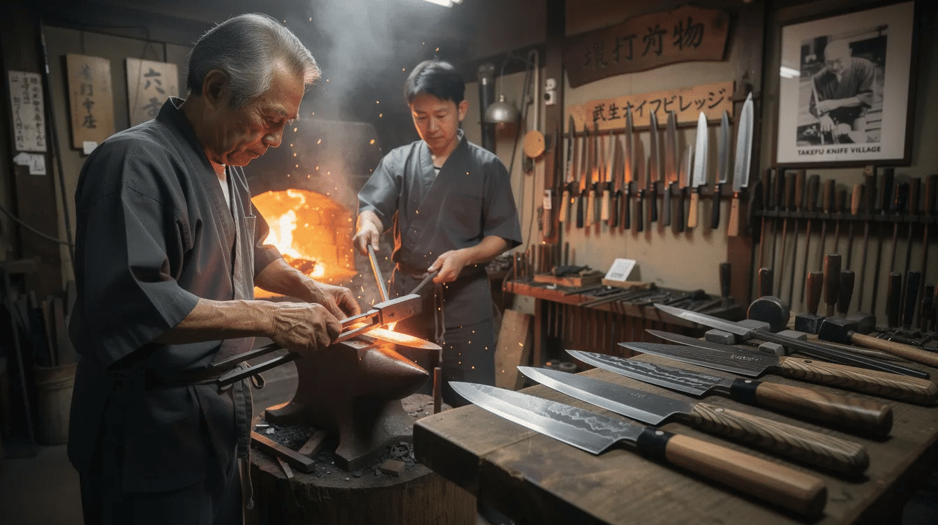 The image showcases a traditional Japanese blacksmith workshop, featuring skilled artisans like Kiyoshi Kato crafting high-carbon steel knives, known for their razor-sharp edges and exceptional quality. The setting reflects the rich heritage of Japanese knife making, with tools and materials that honor centuries of craftsmanship and the art of forging.