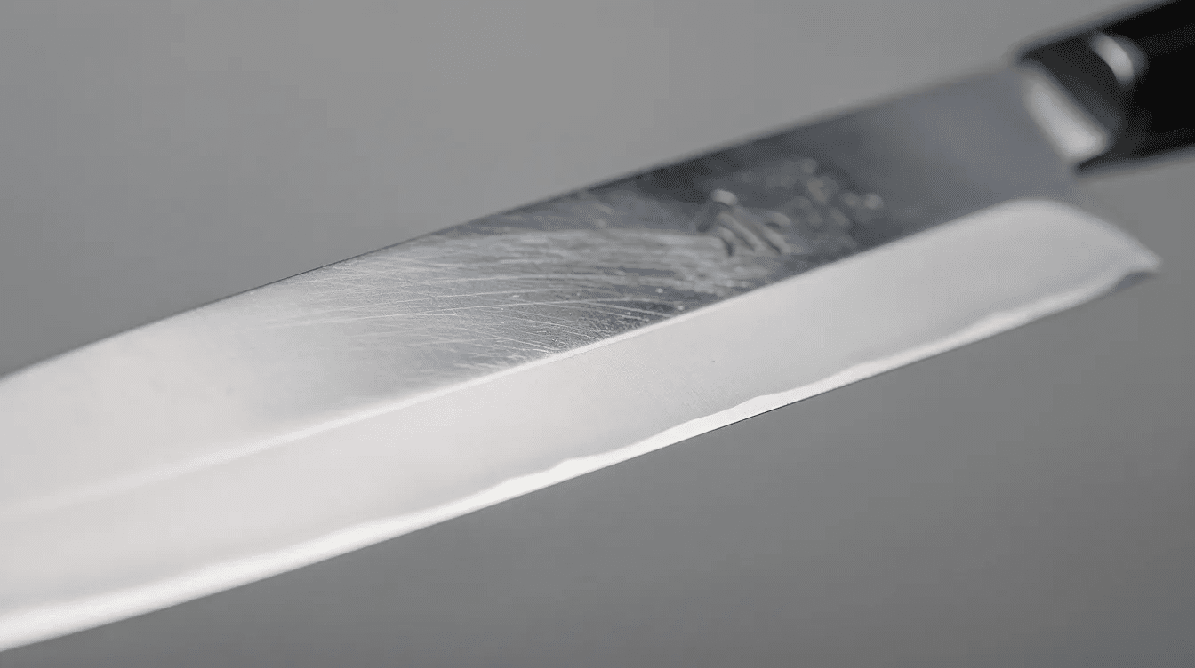 The image showcases a close-up view of a Japanese Deba knife blade, highlighting its thick spine and sharp single bevel edge, designed for filleting fish with precision. This essential tool, made from durable carbon steel, exemplifies the craftsmanship of Japanese knives, ideal for cutting through the flesh and bones of both small and larger fish.