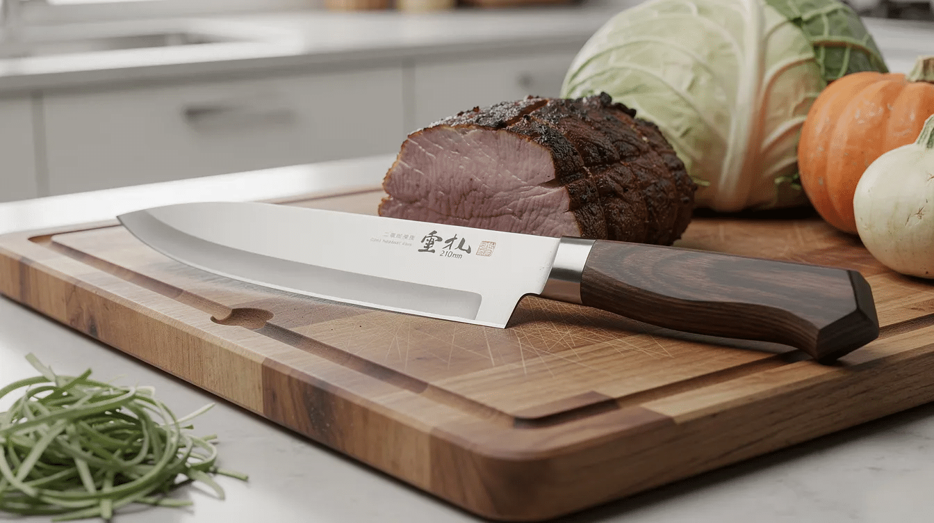 The image depicts a gyuto, a traditional Japanese chef's knife known for its versatility and precision in cutting various foods. With a slender blade and pointed tip, this knife is ideal for tasks such as slicing fish, dicing vegetables, and portioning meat, making it a favored tool among professional chefs and home cooks alike.