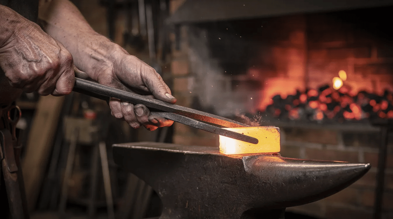 The image depicts the hands of a skilled craftsman working at a traditional forge, shaping glowing carbon steel into a sharp blade for kitchen knives. This scene captures the essence of Japanese craftsmanship, showcasing the dedication and techniques involved in knife making, as passed down through generations in the Japan knife guild.