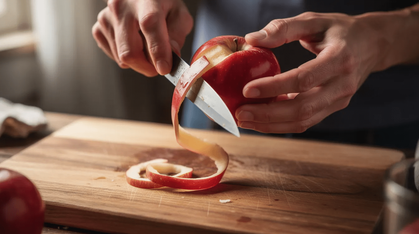 A close-up image shows hands skillfully peeling an apple with a small Japanese paring knife, featuring a sharp blade and a pointed tip, resting on a wooden cutting board. The scene highlights the precision and versatility of the knife, ideal for detailed cutting tasks like peeling fruits and vegetables.