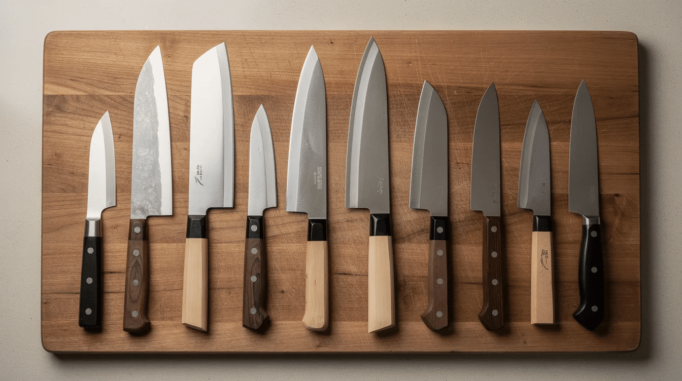 An array of Japanese kitchen knives featuring various handle styles is neatly arranged on a wooden cutting board, showcasing traditional Japanese craftsmanship. These high-quality knives, known for their great edge retention and durability, are ideal tools for both professional chefs and home cooks during food preparation.