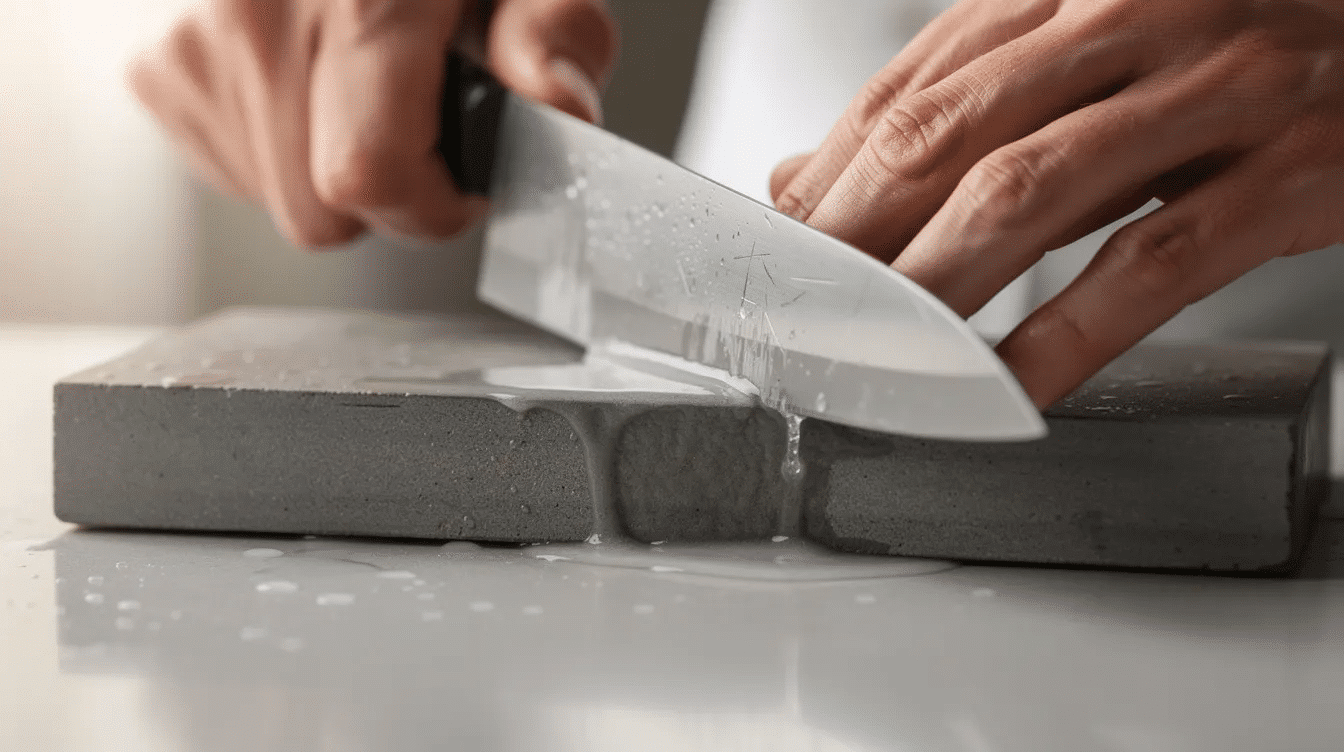A close-up image shows hands skillfully sharpening a traditional Japanese knife on a whetstone, with water glistening on the stone's surface. The focus on the blade's edge highlights the precision and craftsmanship involved in creating a beautifully balanced knife suitable for any kitchen task.