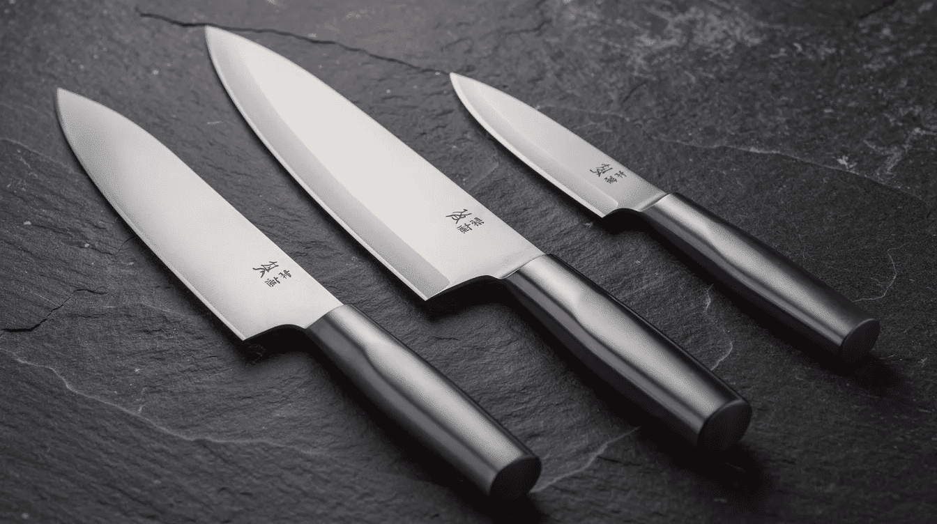 The image showcases a collection of high-quality stainless steel kitchen knives from Japan, featuring a sleek design with wood handles. These durable blades are ideal for chefs and home cooks alike, emphasizing precision and craftsmanship in their sharp edges.