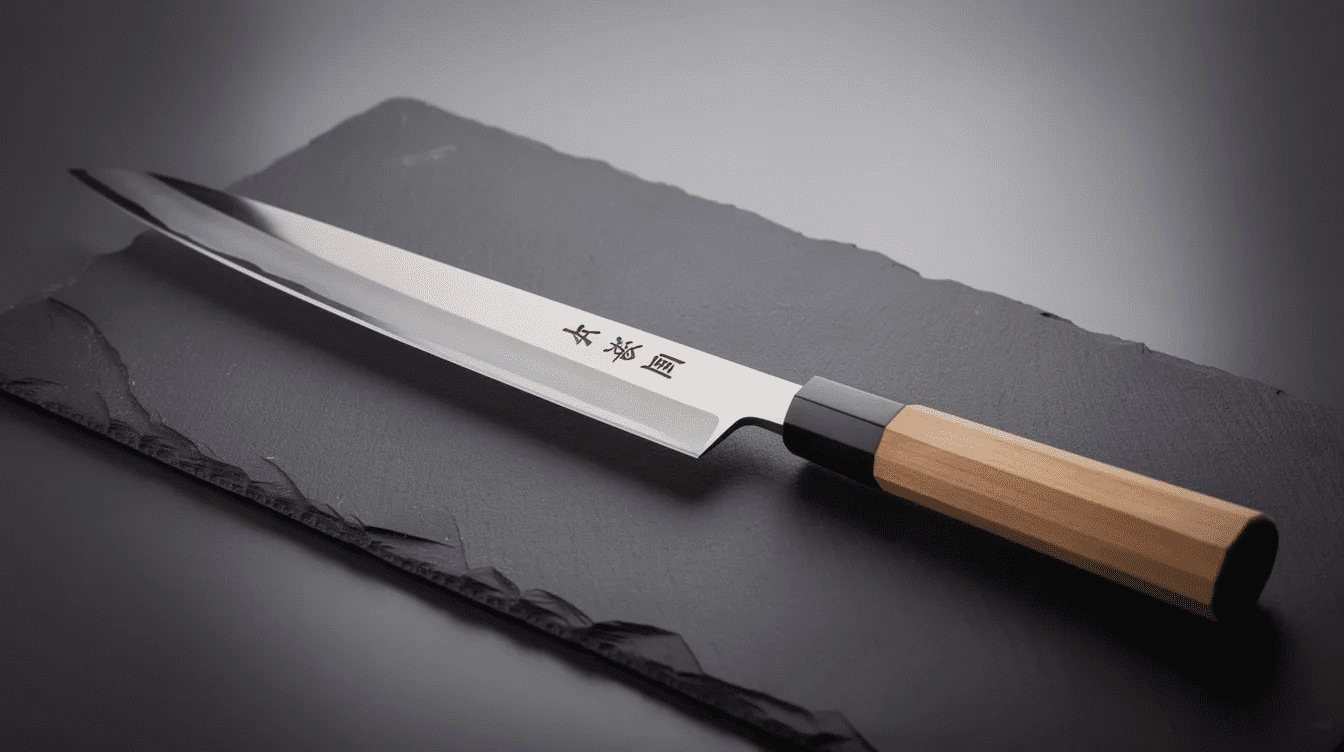 75bf2b50-a0e4-4202-b1c5-51dc6115d8be - Japanes Knives Tips The image features a beautifully crafted sashimi bocho knife, showcasing its long, slender blade designed for precision slicing of fish. Made from high carbon steel, this traditional Japanese knife is ideal for preparing sashimi and sushi, highlighting the quality and craftsmanship essential in Japanese culinary techniques.