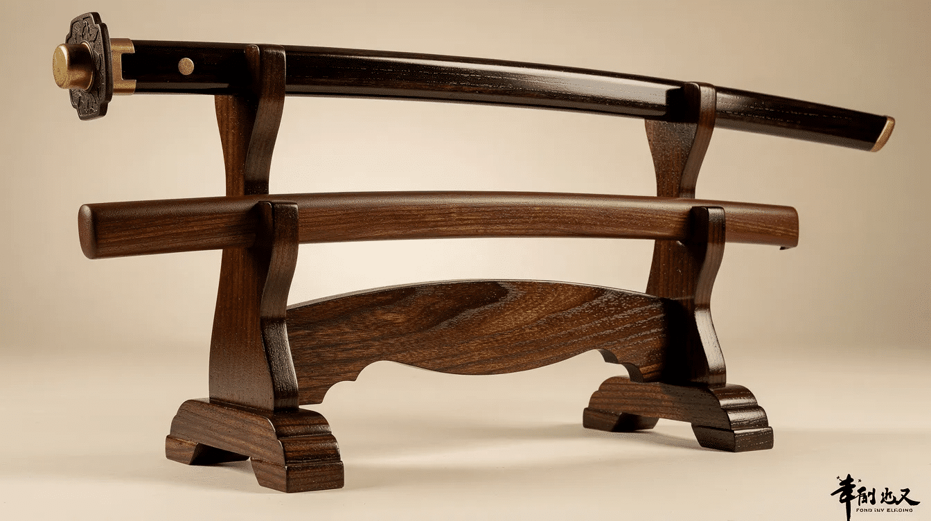 The image showcases a horizontal katana display stand elegantly crafted from wood, designed to securely mount authentic samurai swords. The stand highlights the beauty and craftsmanship of the high-quality katana, emphasizing its sharp blade and traditional Japanese style.