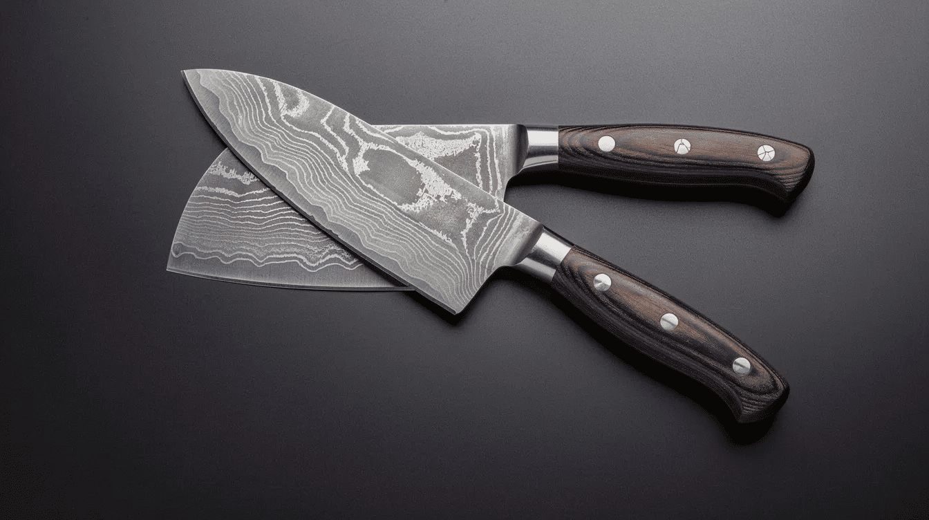 The image features a beautifully crafted Damascus chef's knife, showcasing its intricate layered blade made from high-quality Damascus steel. The knife is designed for precision cutting, with a comfortable grip and a sharp edge, making it an essential tool for both professional chefs and home cooks alike.