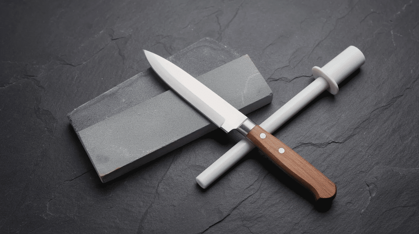 The image features a whetstone and a ceramic honing rod placed alongside a small paring knife on a textured slate surface, highlighting the knife's pointed tip and sharp blade, ideal for precise tasks like peeling fruits and trimming vegetables. The arrangement emphasizes the importance of maintaining a sharp edge for optimal performance in various culinary tasks.