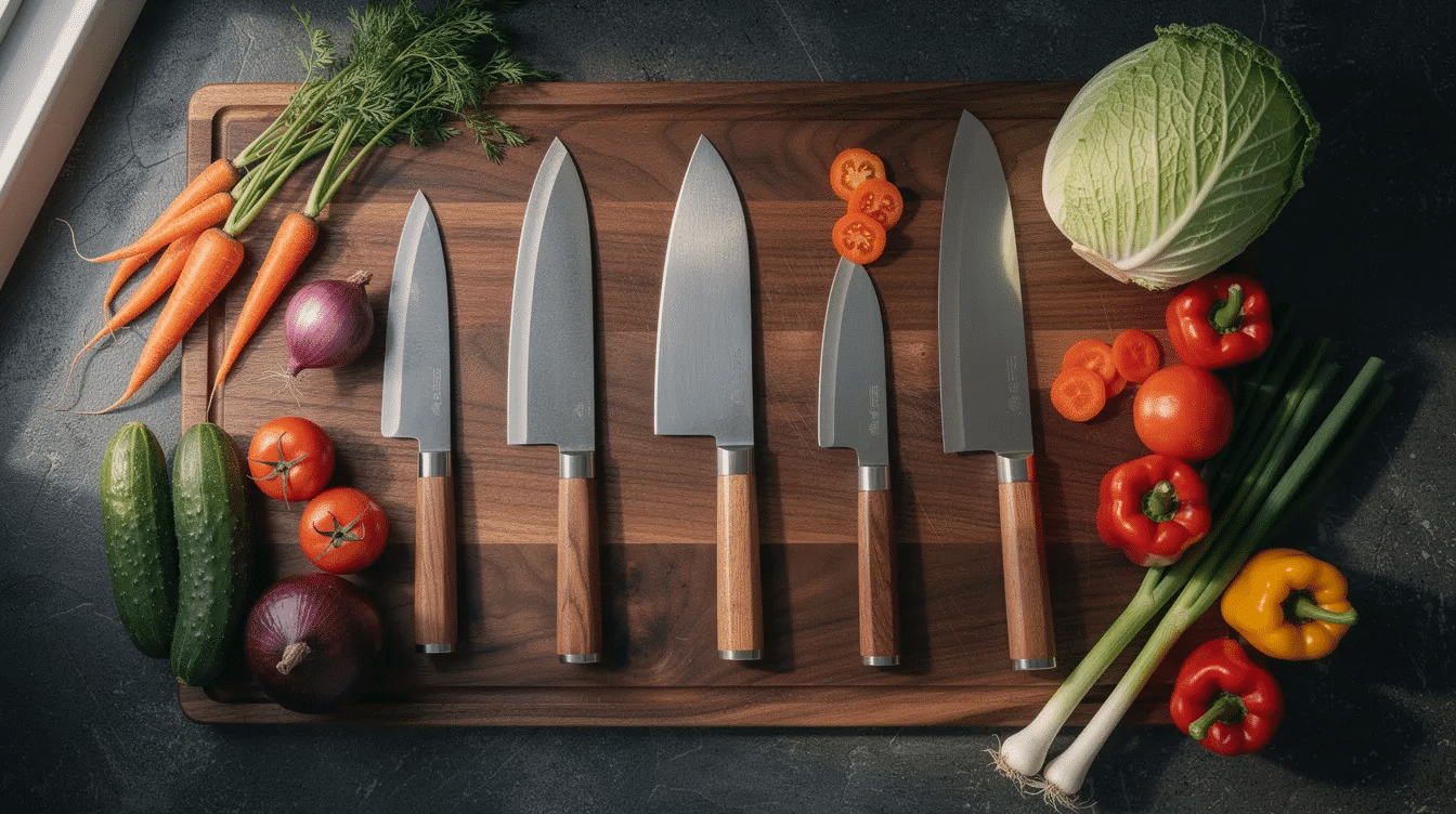 An array of Japanese kitchen knives, including a gyuto and a nakiri knife, is elegantly displayed on a dark wooden cutting board alongside fresh vegetables. The knives feature sharp edges and ergonomic handles, showcasing the quality and craftsmanship typical of the best Japanese knives.