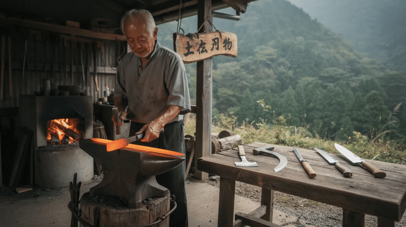The image showcases a collection of Tosa Hamono knives, including a kiritsuke petty knife and a santoku knife, crafted by skilled artisans in Kochi and Ehime prefectures. Each blade, made using traditional free-forging techniques, reflects the enduring spirit and exceptional sharpness characteristic of Ishizuchi knives, designed for both home cooks and professional chefs.