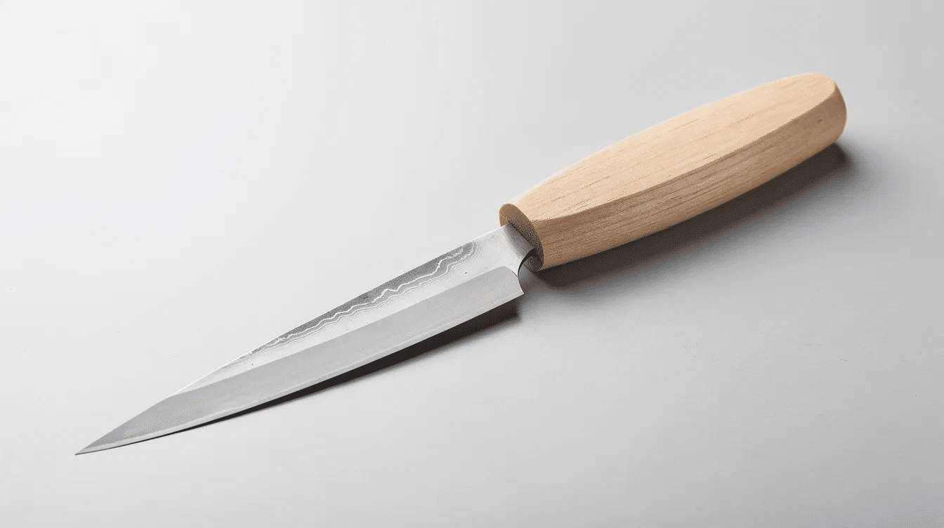 831aae0c-f229-4c61-b74f-e16a10221392 - Japanes Knives Tips The image features a finely crafted Japanese carpenter's knife, known as a kiridashi knife, made from high carbon steel. Its sharp, straight blade is designed for precision woodworking and outdoor use, showcasing the beauty and quality of traditional Japanese craftsmanship.