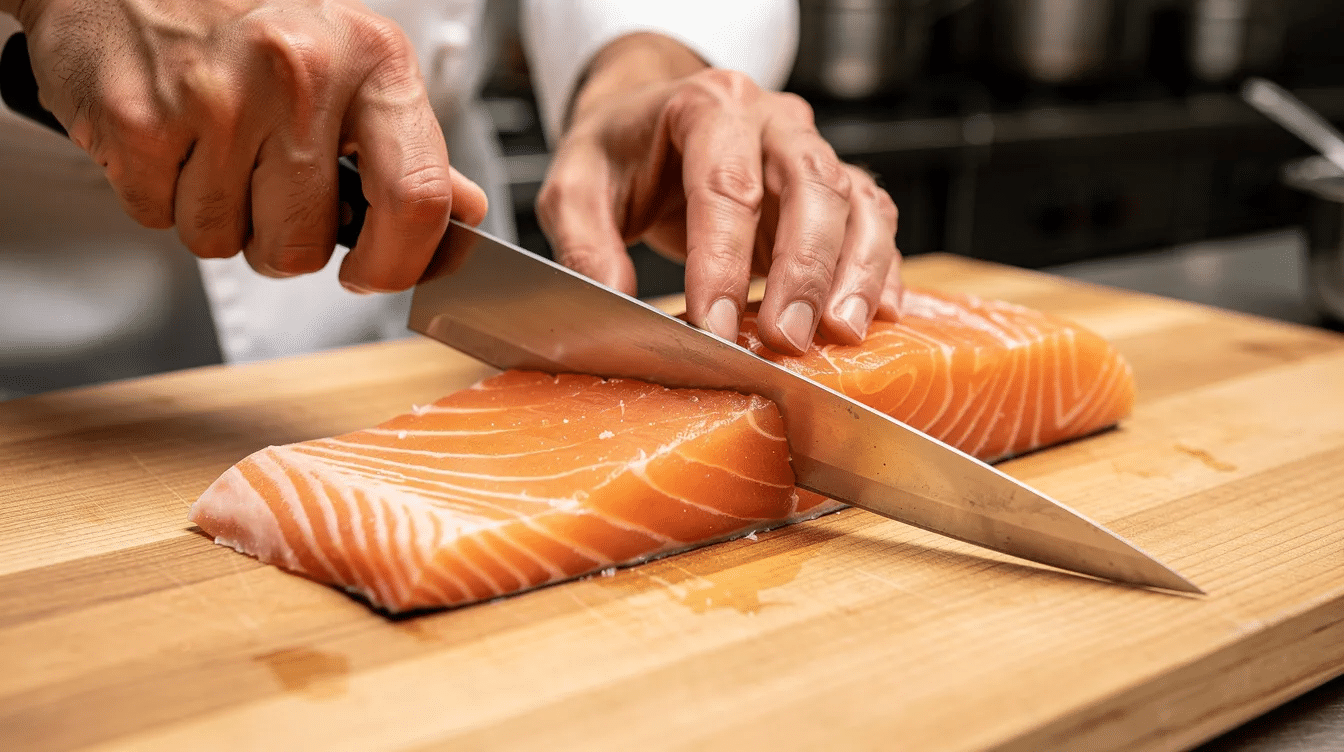 8382f256-135a-4c39-8c3e-40ad7bb72e3e - Japanes Knives Tips A chef's hands are shown in close-up, skillfully slicing fresh salmon with a long, thin Japanese knife, known as a yanagiba. The precision of the blade edge and the technique highlight the beauty of preparing sashimi, showcasing the quality of the hand-sharpened, high carbon steel knife.