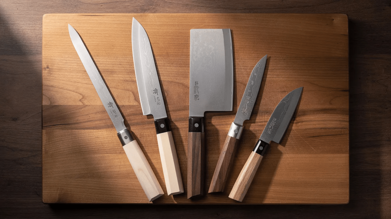 A collection of various Japanese kitchen knives, including a ko nakiri and a santoku, is neatly arranged on a wooden cutting board, showcasing the sharpness and craftsmanship of each blade. The knives, made from carbon and stainless steel, highlight the art of Japanese knife making with their unique shapes and pear skin finishes.