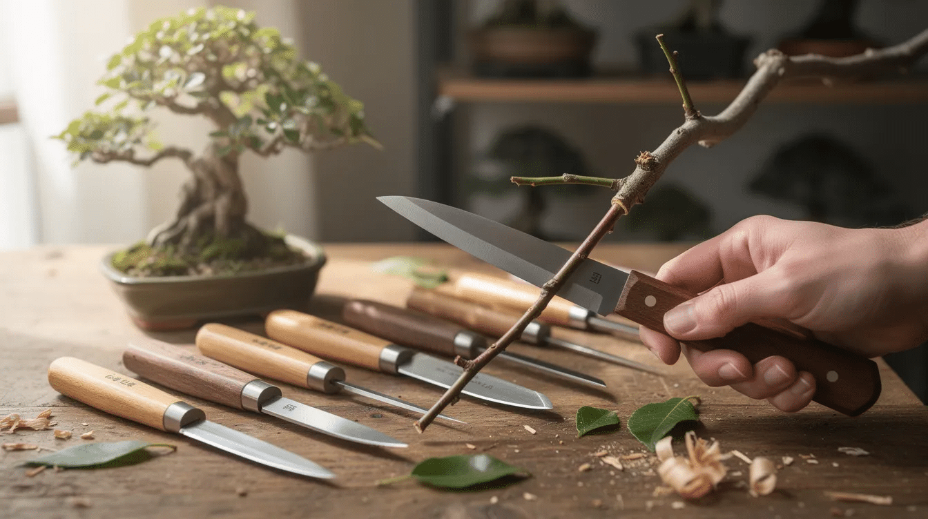86f3957b-03fd-4dc1-bebd-19d9b0b935ab - Japanes Knives Tips The image features a collection of specialized bonsai grafting knives crafted from high-quality Japanese high carbon steel, showcasing their sharp, well-forged blades designed for precision cutting. These essential tools are perfect for professional bonsai artists and gardeners, ensuring clean cuts that promote quick healing in plants.