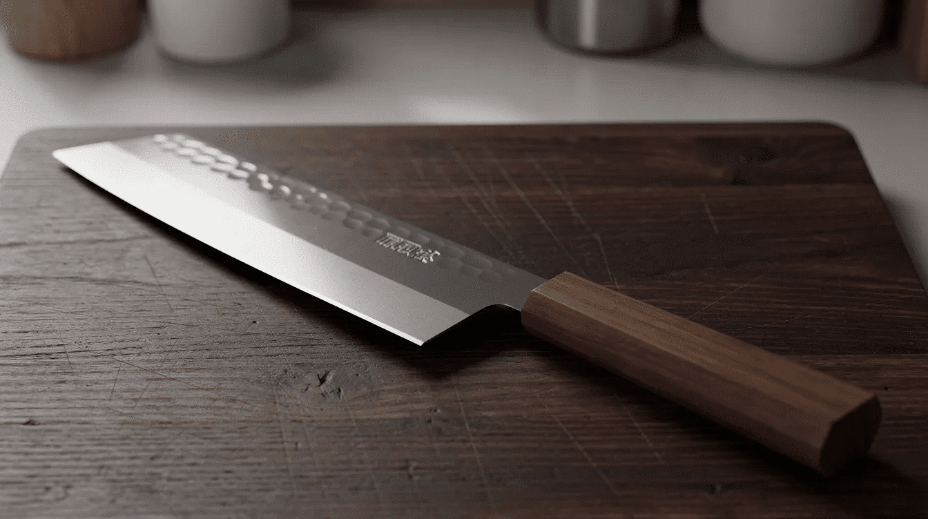 The image features a traditional Japanese square knife, showcasing its thin blade and pointed tip, ideal for precision cuts in slicing vegetables and delicate tasks. The knife's design reflects the craftsmanship of Japanese knives, emphasizing its lightweight nature and sharp edge for professional chefs and home cooks alike.