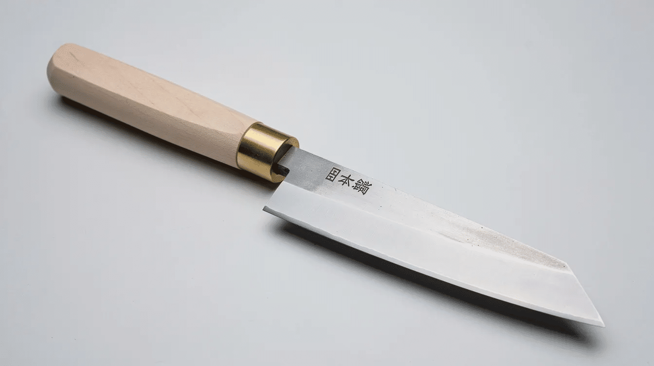 87fd8246-e947-4698-95ed-ab464121ce1f - Japanes Knives Tips The image features a finely crafted Japanese carpenter's knife, known as a kiridashi knife, made from high carbon steel. Its sharp, straight blade is designed for precision woodworking and outdoor use, showcasing the beauty and quality of traditional Japanese craftsmanship.