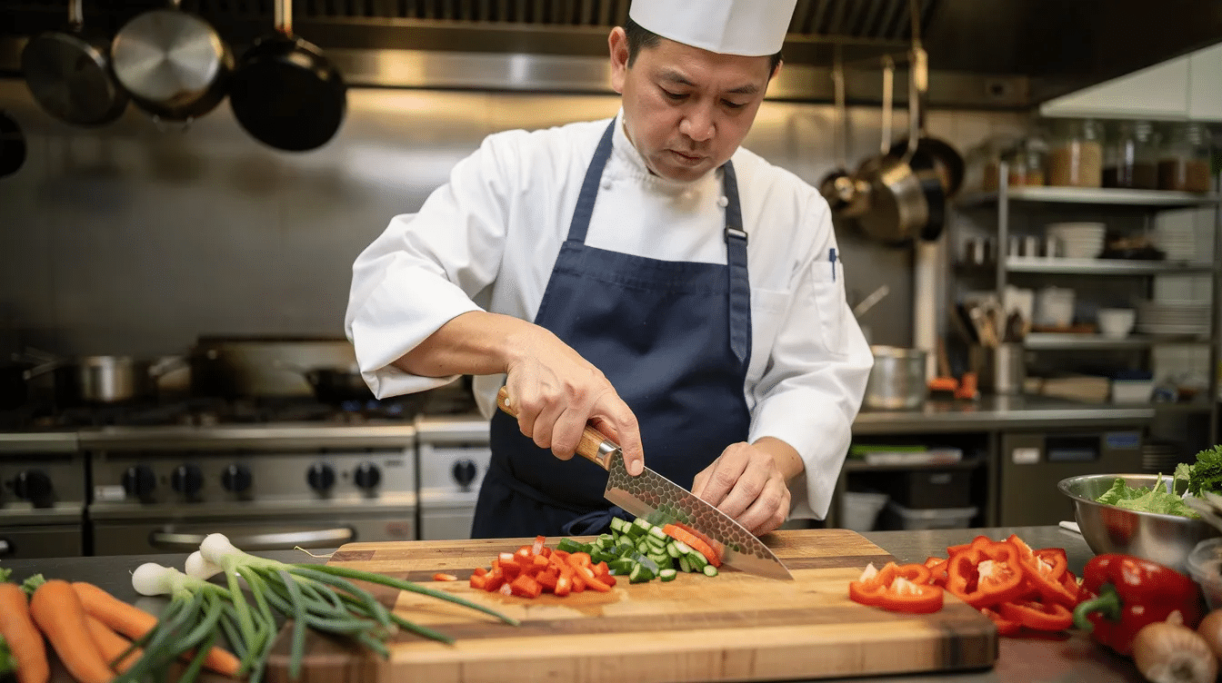 A professional chef skillfully slices fresh vegetables in a bustling commercial kitchen using a traditional Japanese chef's knife, known for its excellent edge retention and precision. The knife, crafted from high carbon steel, showcases the fine tool's durability and sharpness, essential for efficient food preparation.