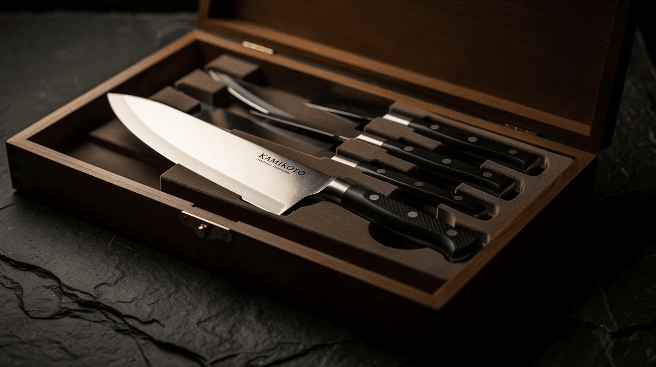 8a796554-be67-46c7-b30e-5eb91fceeec0 - Japanes Knives Tips The image features a beautifully crafted Kamikoto chef's knife, showcasing its sharp edge and elegant design made from high-quality Japanese steel. The knife rests on a wooden log, highlighting its handcrafted quality and the pride of the Kamikoto brand in producing exceptional kitchen knives.
