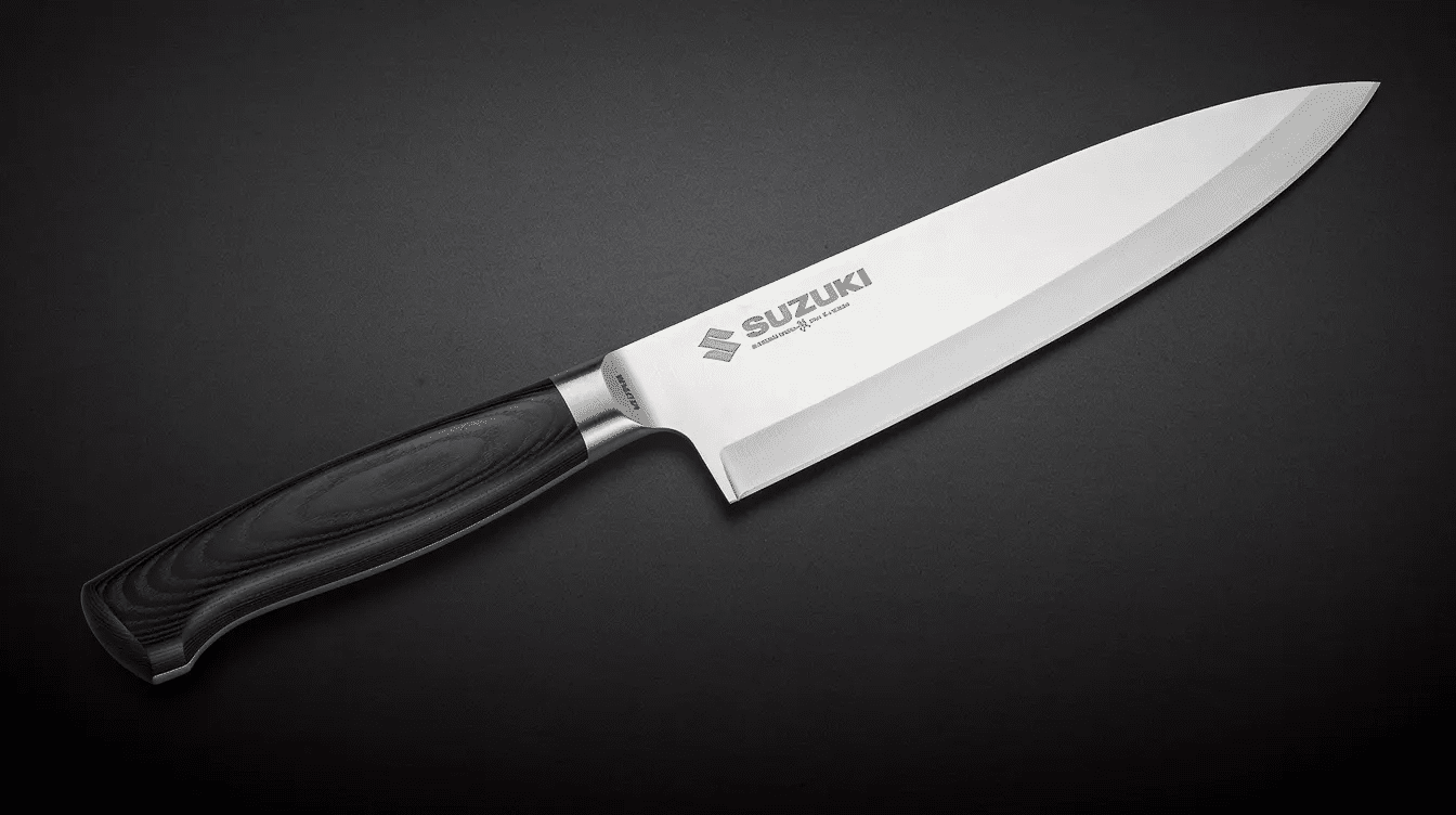 The image features a beautifully crafted Suzuki knife, showcasing Japanese craftsmanship with its sharp, single bevel edge and a pear skin finish on the handle. This kitchen knife, made from high-quality carbon steel, exemplifies the art of knife making and the legacy of the Japan Knife Guild.