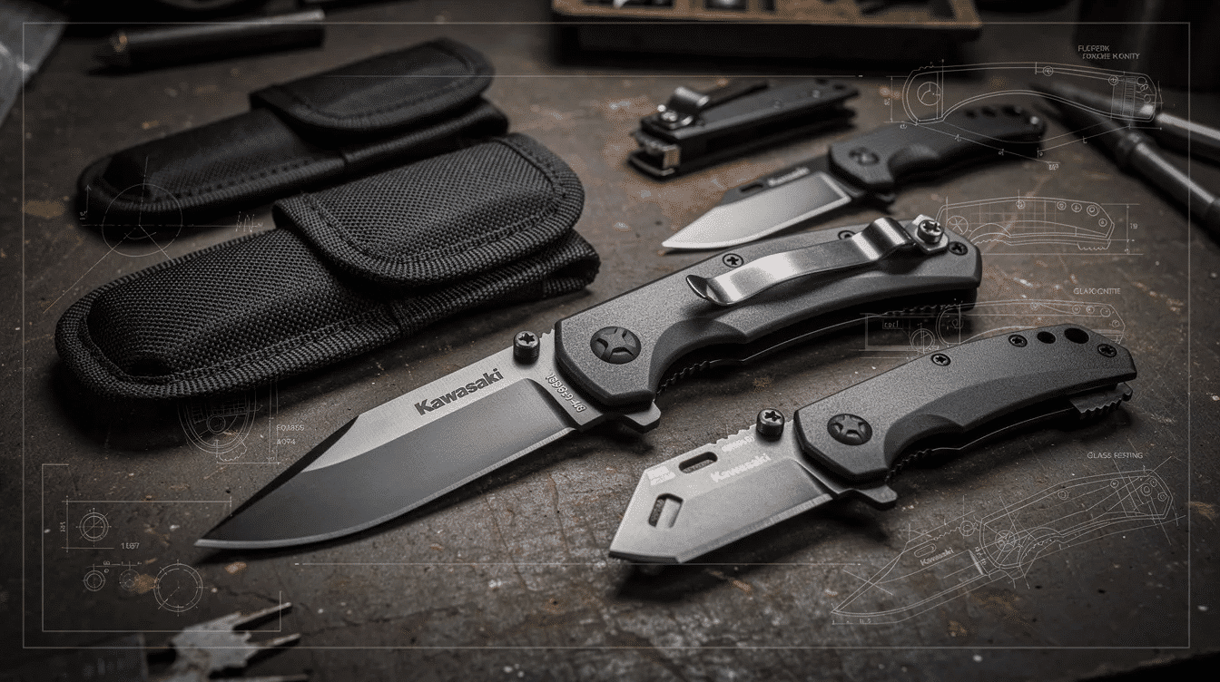 The image features a durable Kawasaki Folding Pocket Knife with a black oxide coating, showcasing its glass breaker tip and integrated cutter. Accompanied by a compact black nylon pouch, this knife exemplifies precision craftsmanship and versatility, ideal for everyday use.