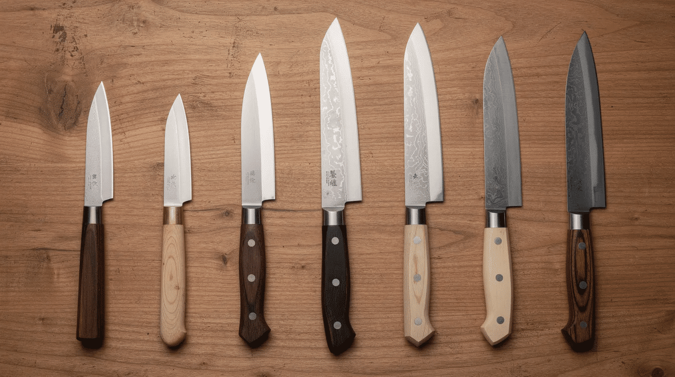 An array of Japanese paring knives featuring various handle styles and blade lengths is displayed on a wooden surface, showcasing their sharp blades and pointed tips, ideal for precise tasks like peeling fruits and trimming vegetables. Each knife, crafted from materials like carbon and stainless steel, emphasizes versatility and secure grip for detailed cutting.