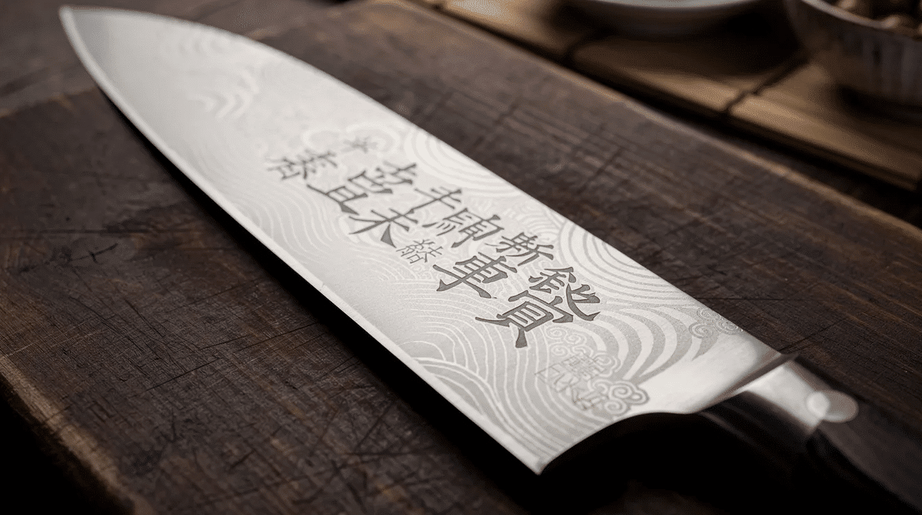 The image showcases a beautifully crafted Japanese knife with a precision-engraved blade, featuring custom engraving that includes initials and intricate kanji characters. The knife exemplifies quality craftsmanship, making it a perfect addition to any chef's kitchen tools.