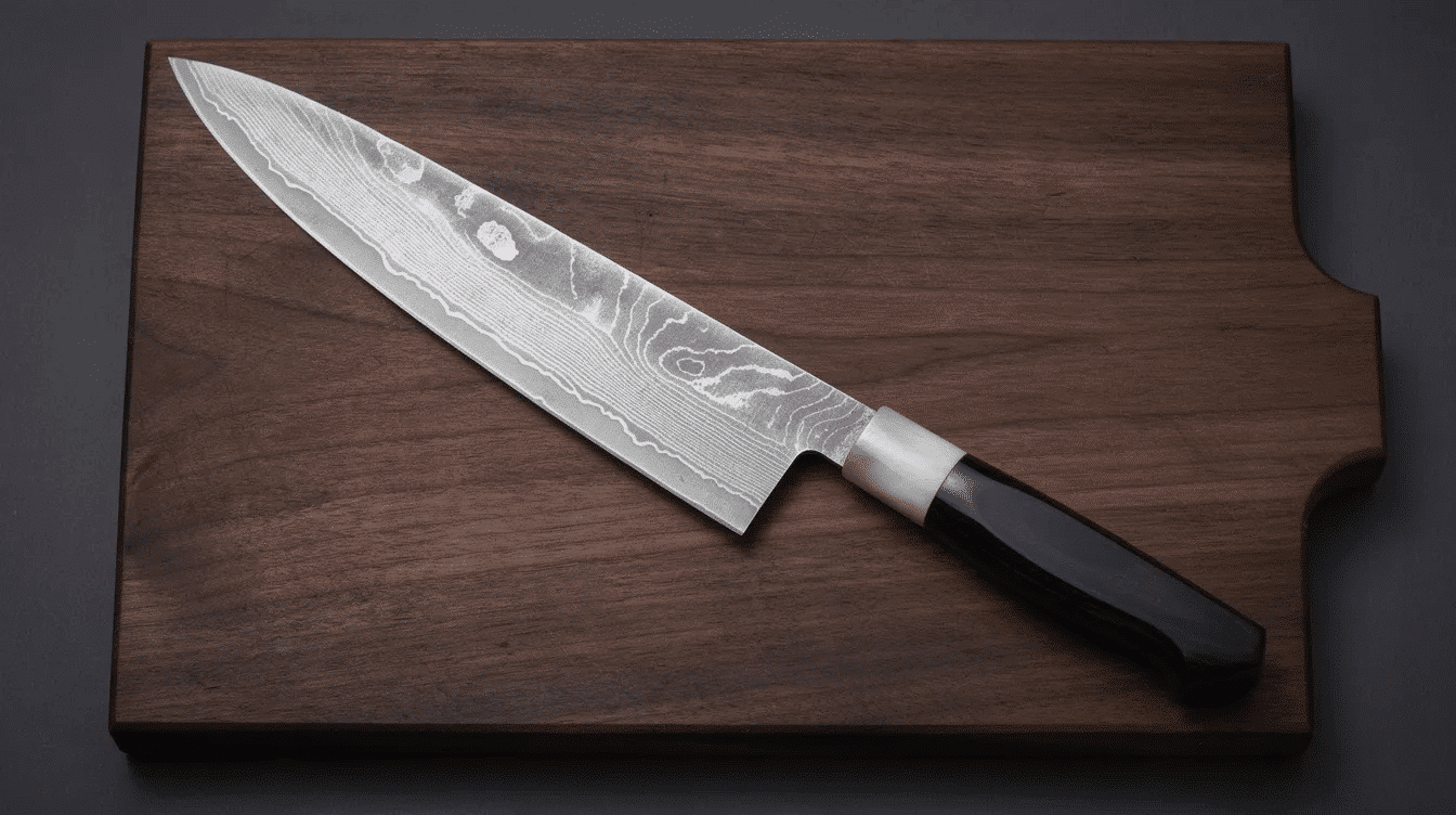 The image features a beautifully crafted Damascus Japanese kitchen knife, showcasing its intricate layered blade made from high-quality Damascus steel. The knife has an ergonomic handle designed for a comfortable grip, emphasizing the precision and sharpness that professional chefs appreciate for cutting meat, vegetables, and fish.