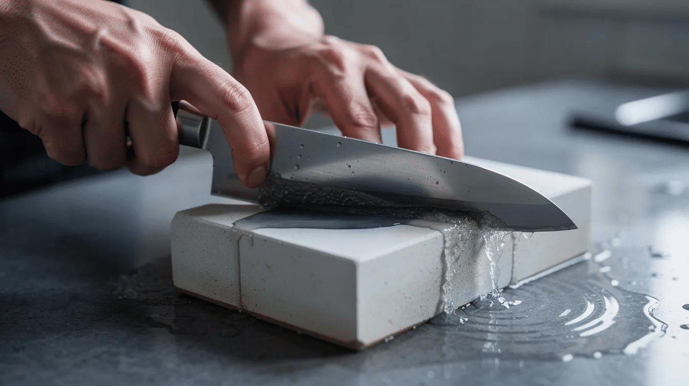 A pair of hands skillfully sharpening a Japanese kitchen knife on a wet whetstone, showcasing the precision and craftsmanship involved in maintaining the blade's sharpness. The scene emphasizes the art of knife sharpening, an essential process for professional chefs and home cooks alike.