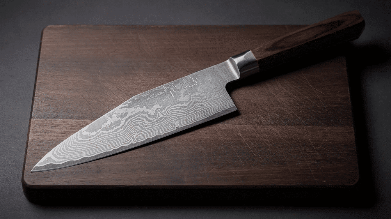 The image features a beautifully crafted Damascus Kiritsuke knife, showcasing its wide blade made of layered Damascus steel with a mirror finish. The knife, designed for precision slicing and chopping by professional chefs and home cooks alike, is complemented by an elegant ebony handle, highlighting the traditional Japanese artistry and craftsmanship.