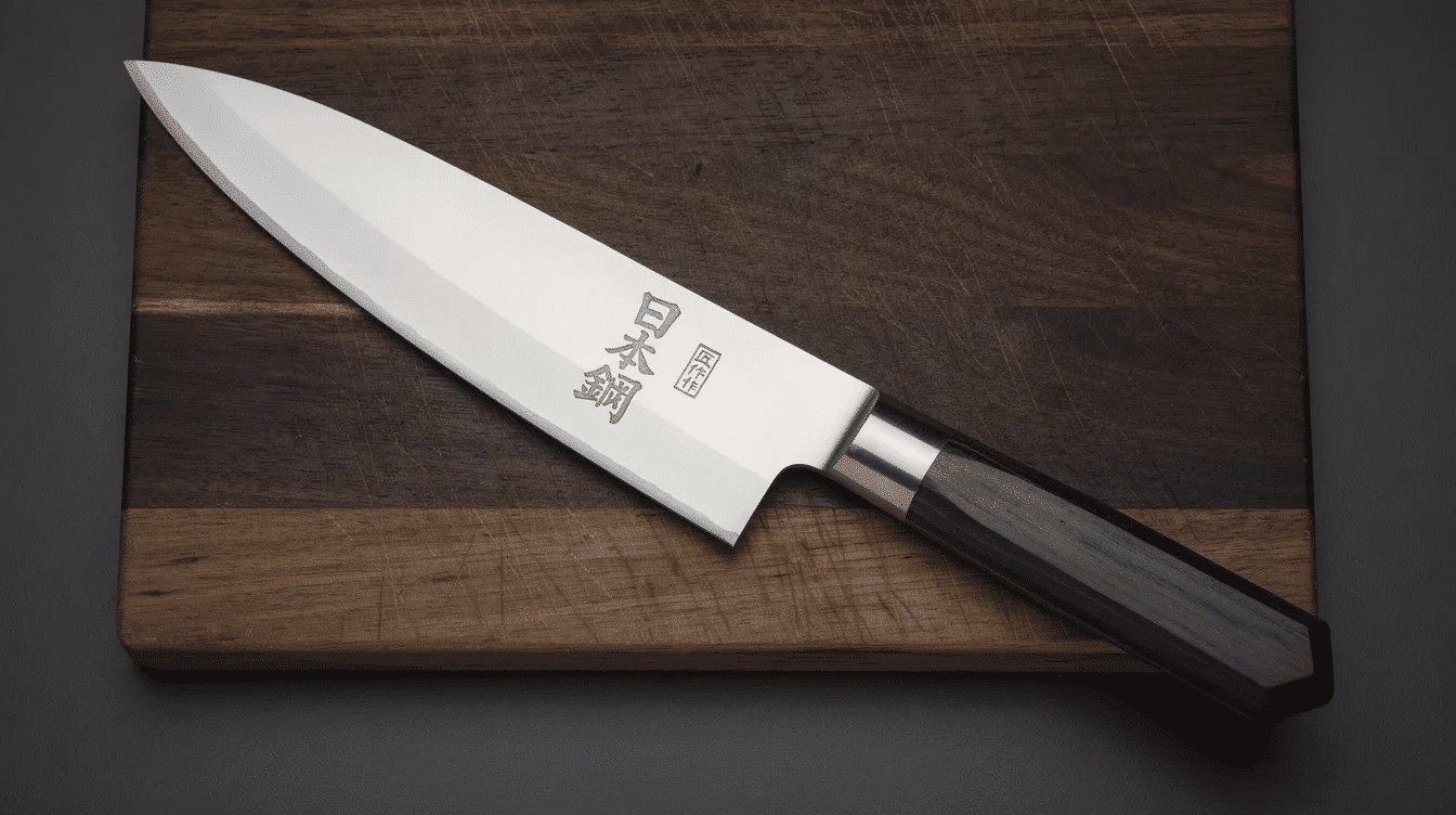 The image showcases a beautifully crafted Japanese knife with a precision-engraved blade, featuring custom engraving that includes initials and intricate kanji characters. The knife exemplifies quality craftsmanship, making it a perfect addition to any chef's kitchen tools.
