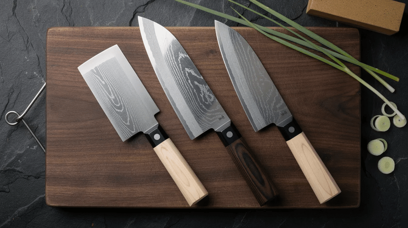 The image showcases a collection of handcrafted Japanese knives, featuring traditional high carbon steel blades known for their sharp edges and precision. Each knife reflects the artistry and craftsmanship of Japanese blacksmiths, making them essential tools for both professional chefs and home cooks.