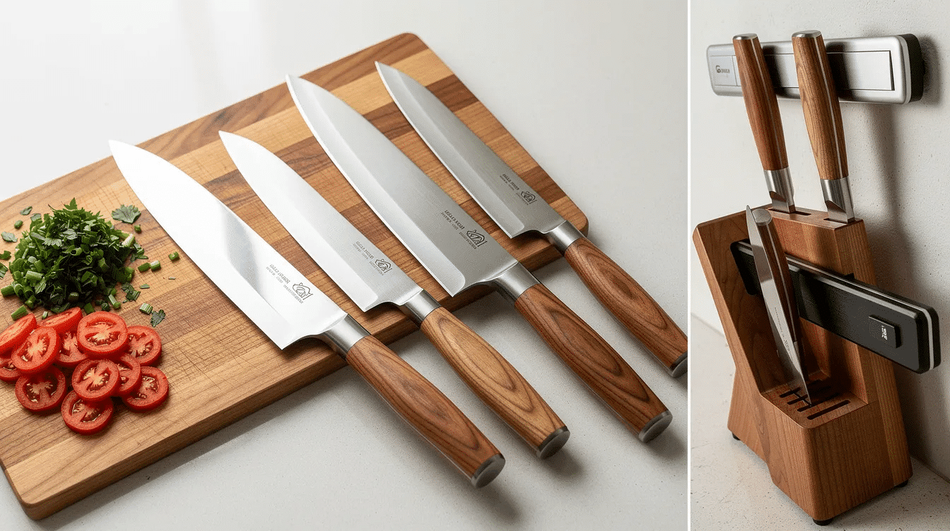 The image features a versatile Santoku knife with a 160mm stainless steel blade, showcasing its ergonomic cherry wood handle designed for comfort during extended use. The knife is part of a set that includes essential blade types, emphasizing its practicality for various cutting tasks while highlighting the craftsmanship rooted in the history of knife-making in Japan's Saga Prefecture.