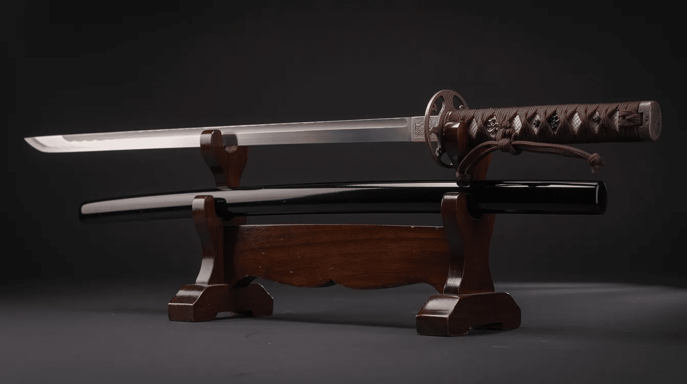 A traditional Japanese kaiken dagger is elegantly displayed on a dark wooden stand, showcasing its straight blade, intricately designed handle, and lacquered scabbard (saya). This weapon, often associated with samurai women during the Edo period, reflects centuries of craftsmanship and cultural significance in Japan.