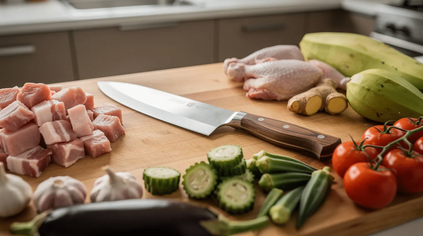 The image features a Gyuto, a Japanese chef's knife known for its versatility in Filipino cooking. With its elegantly crafted blade, this knife is ideal for everyday prep tasks, effortlessly slicing through meat and vegetables, making it a staple tool for both professional chefs and home cooks in Manila.