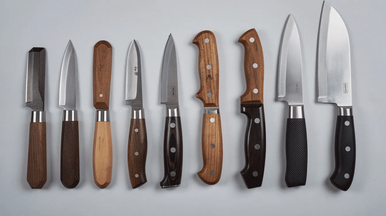 9906fd1b-a8dc-45d5-b758-731e4b642273 - Japanes Knives Tips The image showcases various knife handle styles side by side, featuring both wa-handle and Western grip options, ideal for chefs seeking different ergonomic choices for their essential kitchen tools. Each handle is paired with a sharp blade, highlighting the beauty and functionality of these utility knives designed for slicing vegetables, fruits, and more.
