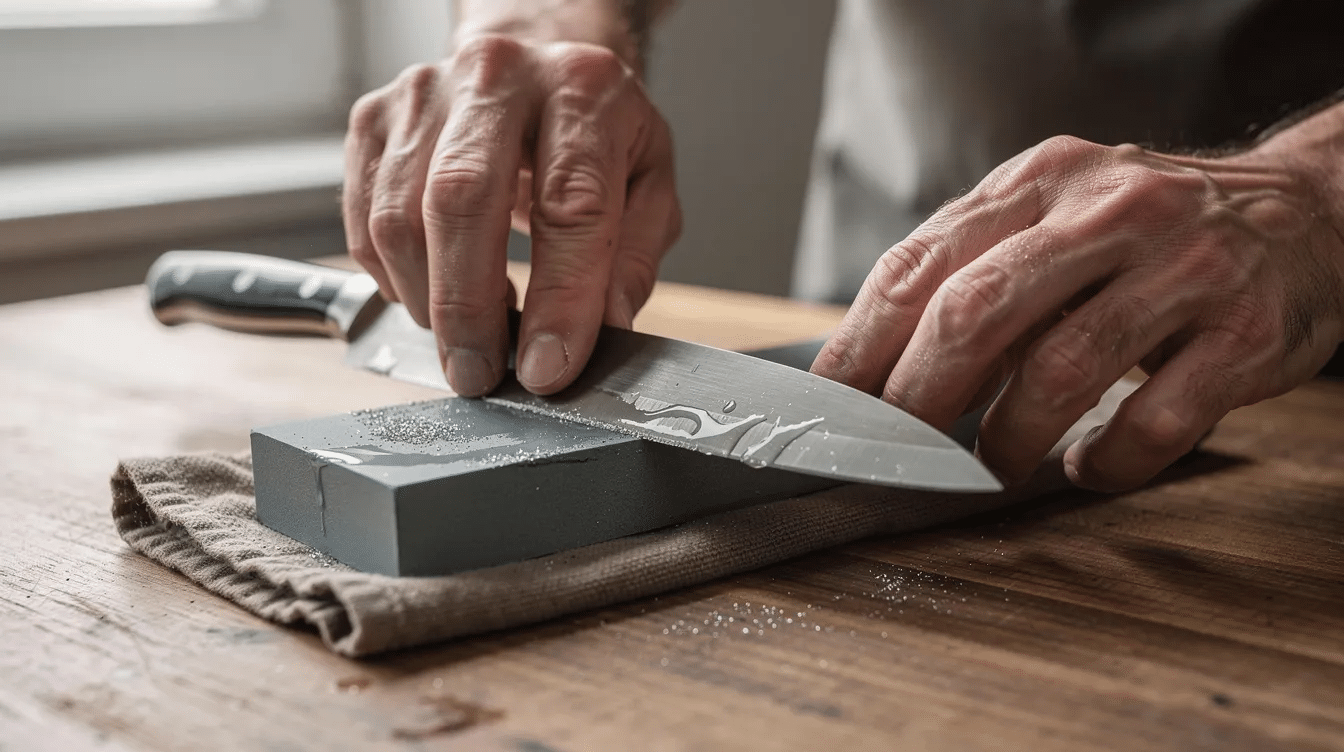 A pair of hands is skillfully using a whetstone to sharpen a knife blade at a precise angle, emphasizing the art of traditional Japanese knife making. The focus on the blade's edge highlights the importance of sharpness for professional chefs and home cooks alike.