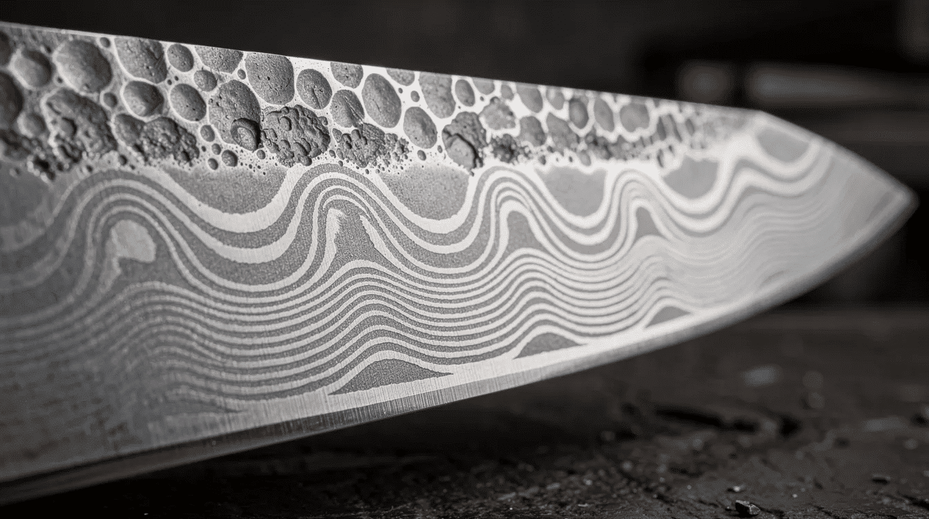 993e3877-0205-4efa-ab23-17435325c516 - Japanes Knives Tips A close-up view of a hammered Damascus steel knife blade reveals its intricate patterns, showcasing the exceptional craftsmanship typical of Japanese knives. This unique piece, available at Tower Knives Osaka, highlights the beauty and sharpness that skilled artisans can achieve.