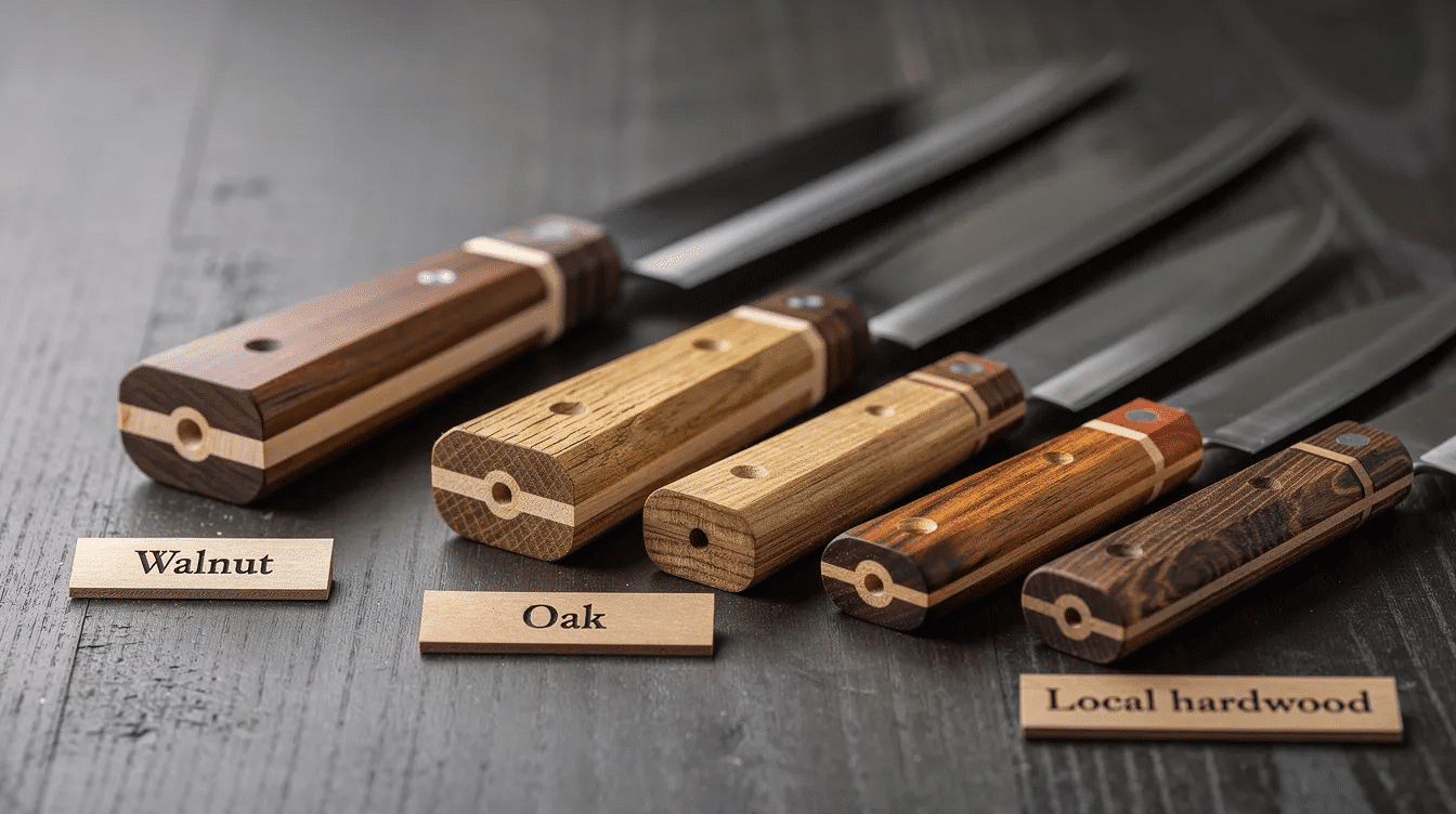 The image showcases the craftsmanship of Ishizuchi knives, highlighting the beautifully crafted walnut handle that offers a dense, warm feel. The traditional Tosa method is evident in the handle's design, which features a tang inserted into the wood, ensuring durability and the potential for rehandling, reflecting a commitment to long-lasting use and exceptional quality.