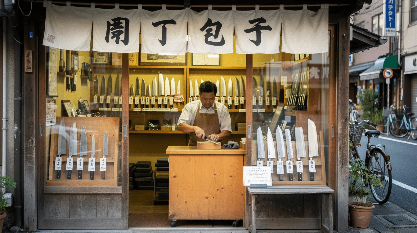 The image depicts a knife shop in Japan, showcasing a variety of high-quality Japanese kitchen knives, including single bevel knives and Damascus gyuto blades. The store features a contemporary design and is filled with expert guidance from friendly staff, making it a must-visit destination for knife enthusiasts and professional chefs alike.