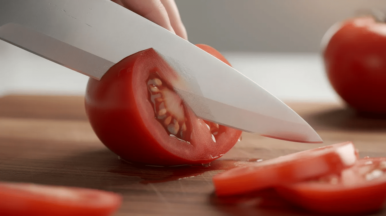 A close-up image captures a Japanese chef knife with a sharp edge slicing through a ripe tomato on a wooden cutting board, showcasing the knife's precision and quality. The stainless steel blade reflects light, highlighting its durability and performance, ideal for home cooks seeking the best chef knives.
