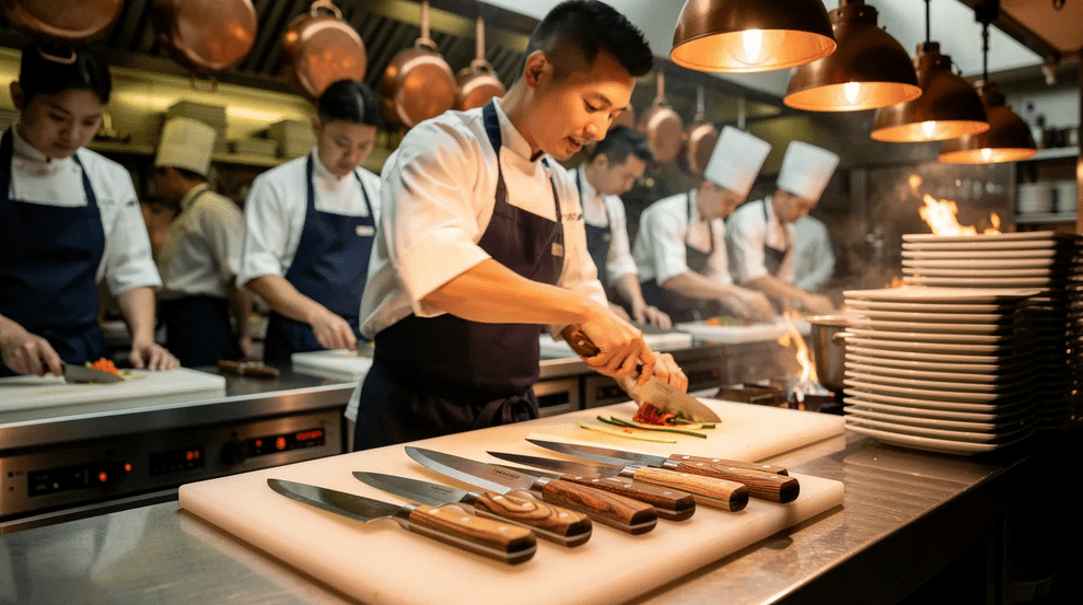 The image showcases a collection of high-quality kitchen knives, including the renowned nagomi santoku knife, designed for professional chefs. Each knife features a razor sharp edge and ergonomic design, crafted by skilled artisans in Japan, ensuring precision and durability in demanding culinary environments.