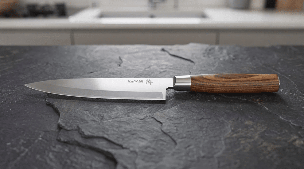 The image features a Nagomi Japanese kitchen knife, showcasing its exceptional blade crafted from high-quality stainless steel with a razor-sharp edge. The ergonomic design and laminated reinforced wood handle highlight the skilled artisanship from Seki City, making it an ideal tool for both home cooks and professional kitchens.