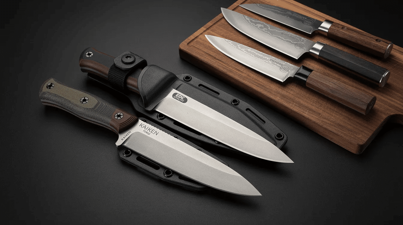 The image showcases a collection of modern kaiken-style knives, featuring sleek designs with VG-10 and CPM steels, complemented by G10 and Micarta handle scales. Each knife is displayed with a secure Kydex sheath, highlighting the craftsmanship and evolution of these functional weapons that blend tradition and contemporary utility in Japanese culture.